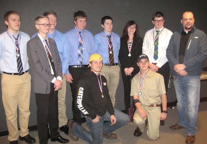 Westosha Central's SkillsUSA team captured multiple ribbons in a regional competition held at Gateway Technical College Feb. 12. Team members are (from left) Jacob Lampada, Scott Lynch, Hunter Huggins, Alex Daniels, Aaron Diaz, Andrew Korando, Korin Madrigrano, Jonathan Huddleston and Alex McGona-gal with Advisor Eric Andersen. (Submitted/The Report).