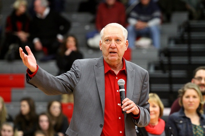 Former Wilmot boys basketball coach Tom Reigel had the school court named in his honor (Photo by Earlene Frederick).