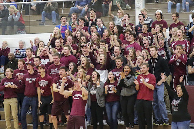 Westosha Central students packed the school fieldhouse in Friday night's WIAA Division 2 regional semifinal game against Union Grove. The Falcons won 88-66 behind the efforts of sophomore Nic Frederick, who scored a game-high 21 points (Photo by Rick Benavides).