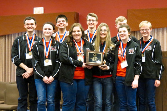 Wilmot Union High School captured its third consecutive state Academic Decathlon championship last week, moving forward to National competition, where they will defend their title from last year. Members are (front from left): Brenna Simmons, Ashley Dabbs, Angela Schumacher, Alexa Lewis; (back row) Carl Simmons, Joey Burba, Kyle Kostrova, Isaac Bruley and Carlie Banchi (Submitted/The Report). 