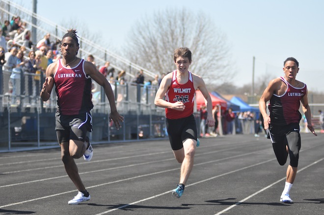 Wilmot’s Anthony Poco zips down the track at the Milwaukee Lutheran Invite. Poco and three others finished first in the 400 relay at Fort Atkinson (Mike Ramczyk/The Report)