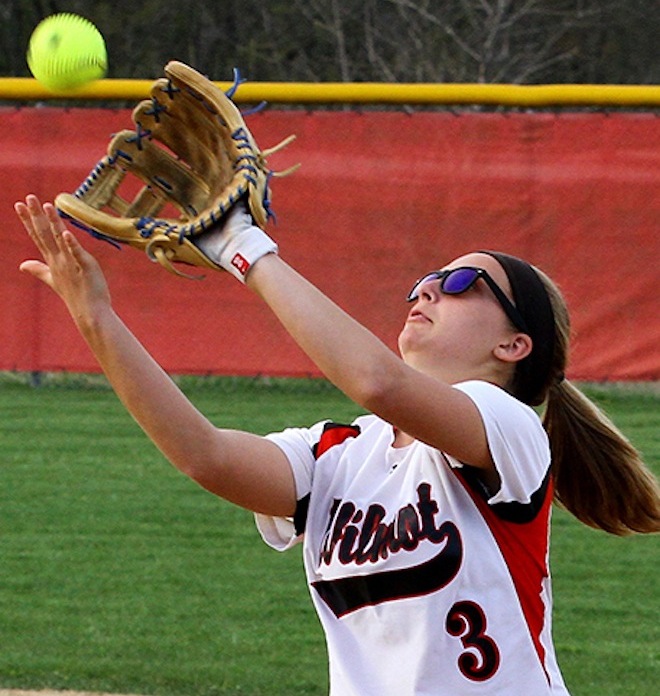 Wilmot senior second baseman Shauna Lass, shown here earlier in the season, batted 3 for 4 with three runs and three RBI in the Lady Panthers 27-6 win over Lake Geneva Badger.